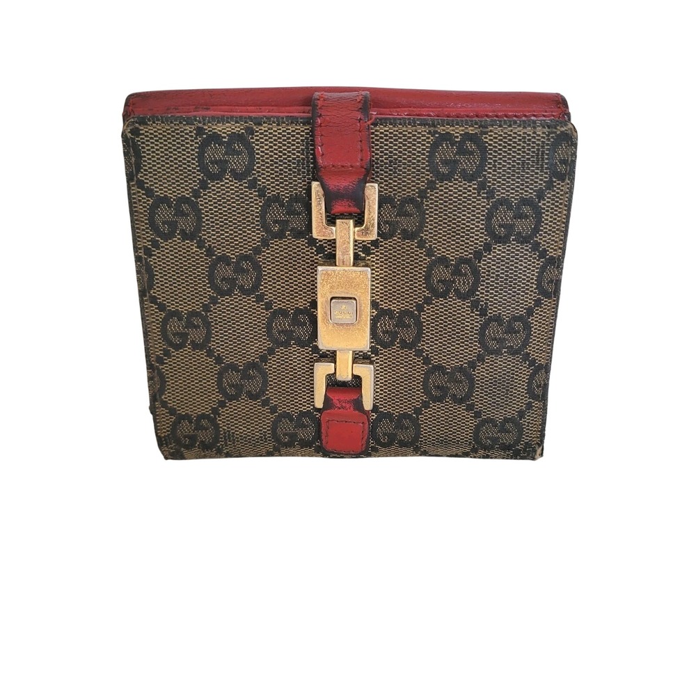 GUCCI GG Vintage Jackie Canvas Leather Wallet Monogram Bifold Medium Red Fair